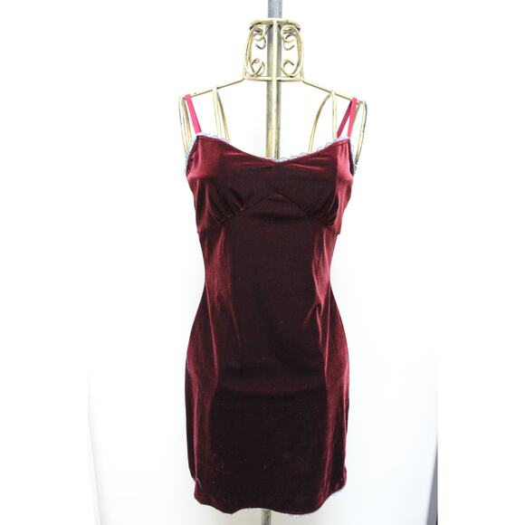 Vintage Betsey Johnson NY Burgundy Red Velvet Lace Trim Mini Dress Size Medium - Picture 1 of 5